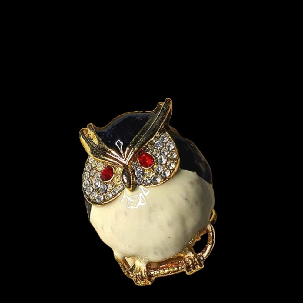 NWOT Gold‎ Tone Black and White Enamel with Crystals Owl Brooch